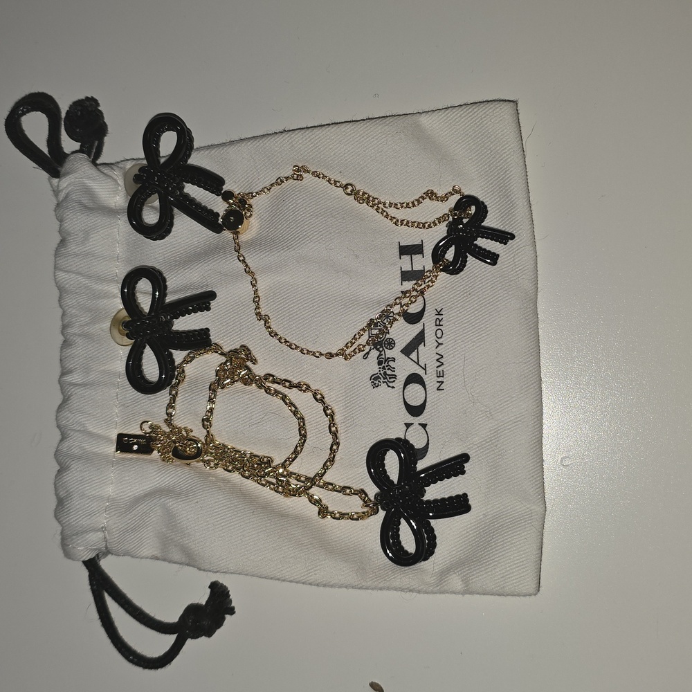 Coach Necklace, earrings and bracelet set, black and gold